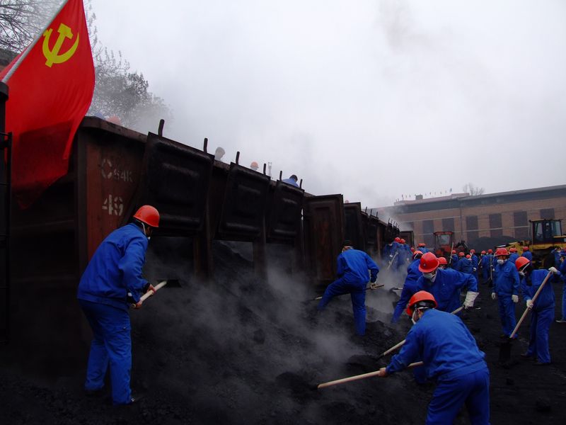 2月10日，中鋁貴州分公司及碳素廠部分黨員正爭先恐后卸車石油焦。