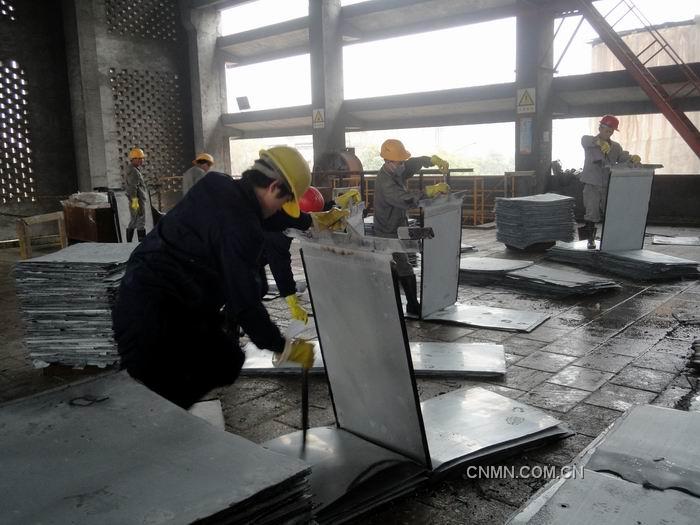 華錫來冶公司2012年元月0#鋅產(chǎn)出率達(dá)78%，超出集團(tuán)公司當(dāng)月考核任務(wù)的28%，為2012年安全、質(zhì)量生產(chǎn)工作打開良好勢頭。圖為電解員工按標(biāo)準(zhǔn)化操作要求進(jìn)行剝鋅工作